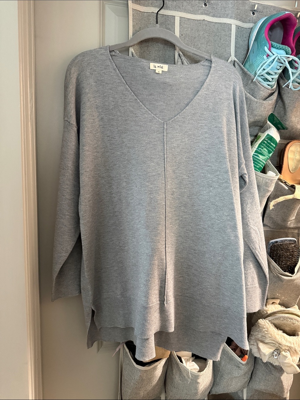 LA MIEL Gray V-Neck Oversized Sweater